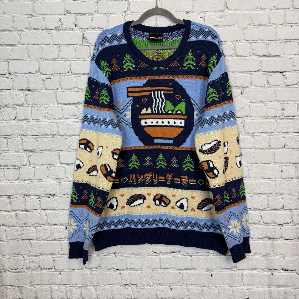Geeknet Hungry Gamer Ramen Sushi Sweater 2X Blue Multi Ugly Christmas Holiday